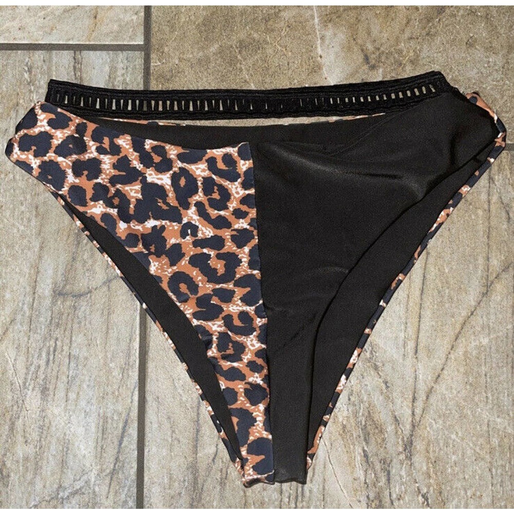 Shein Leopard Black Pointelle Trim Cheeky Bikini Swimsuitโ Bottoms Size Small